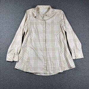 Foxcroft‎ Button-Up Shirt Tunic Womens 14 Beige Plaid Long Sleeve Collared